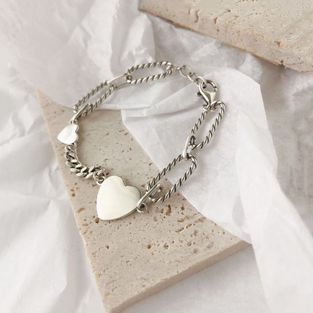 925 Sterling Silver Heart Link Bracelet Minimalist Dainty Silver Bracelet - Picture 3 of 7